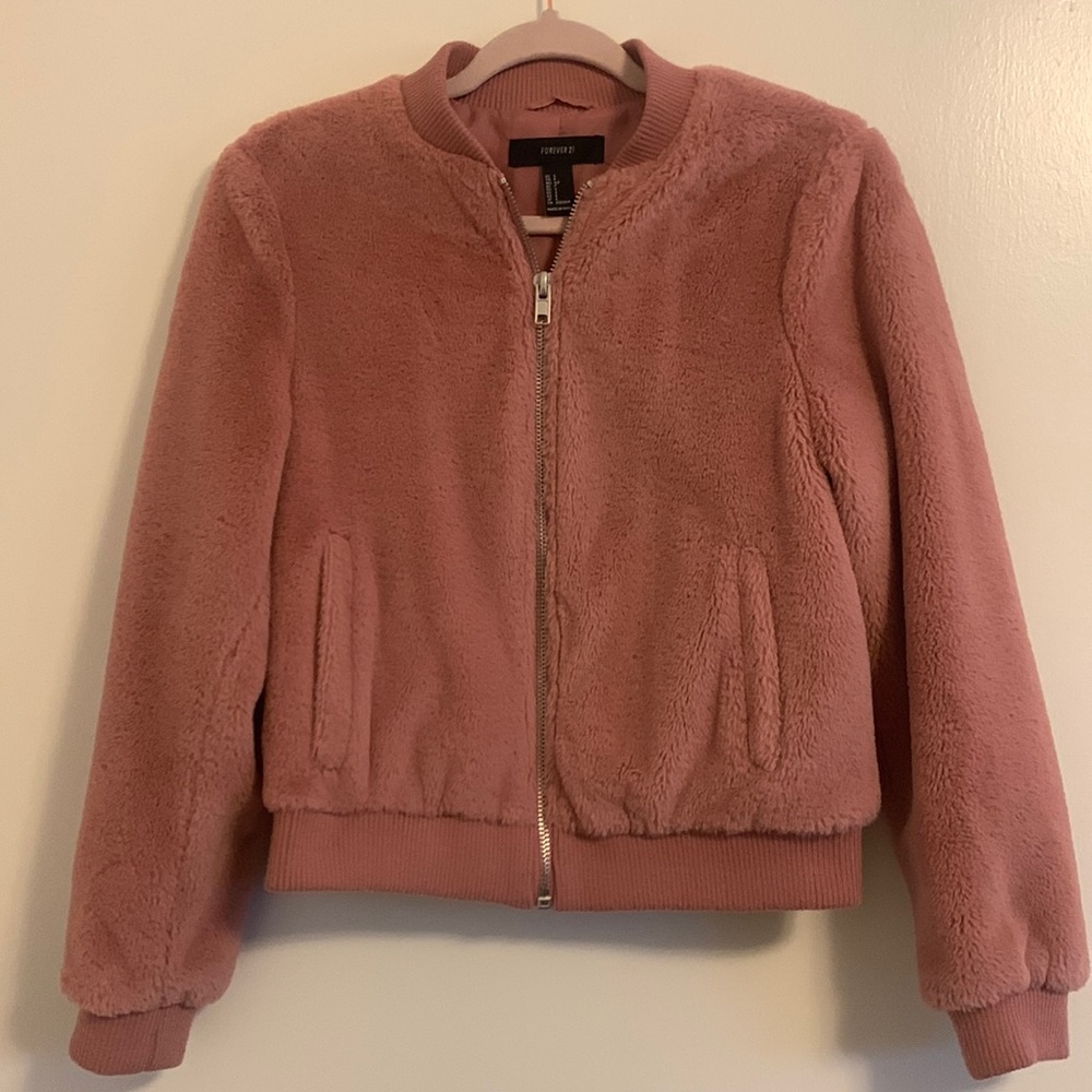 Pink faux fur jacket with pockets